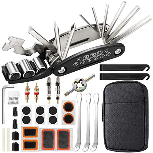 EXTSUD Bike Tool Kit, Puncture Repair Kit, Bike Multi Tool, Mountain Bike Accessories, Cycling Gifts, 16 in 1 Bike Multifunction Tool with Patch Kit & Tire Levers