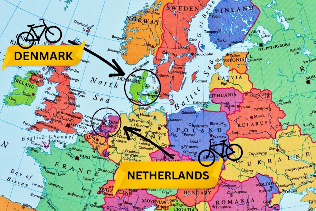 Denmark and Netherlands marked on map as big cycling countries