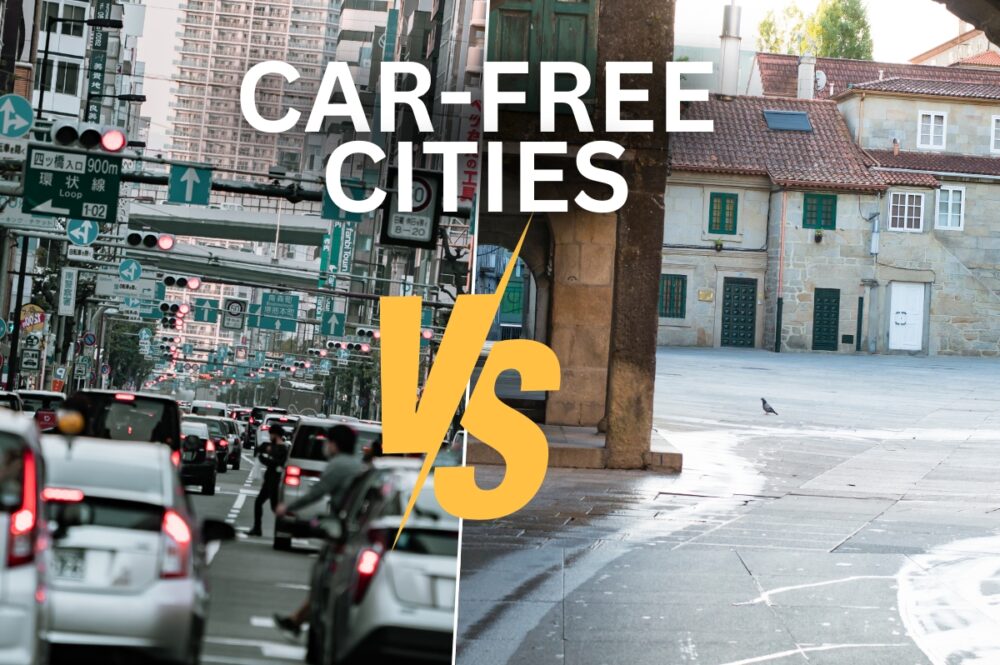 An image displaying a city with cars versus one without cars