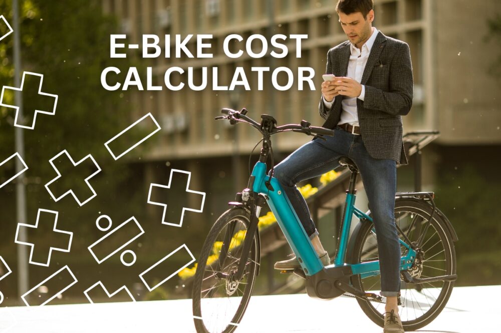 Man on e-bike with text on image: "E-bike cost calculator"