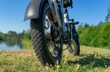 Close up of wheels of chunky e-bike.