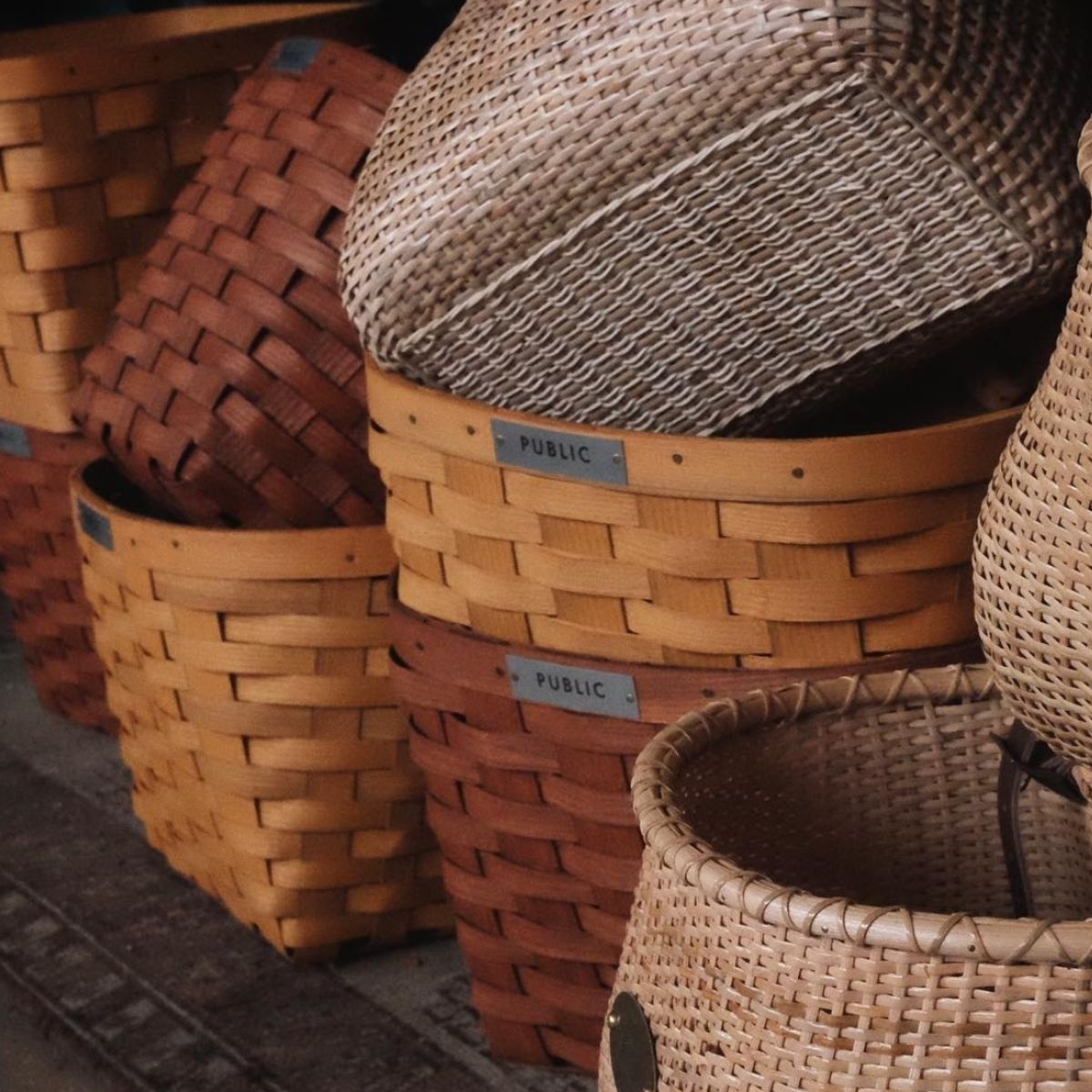 Collection of wicker bike baskets by PUBLIC Bikes